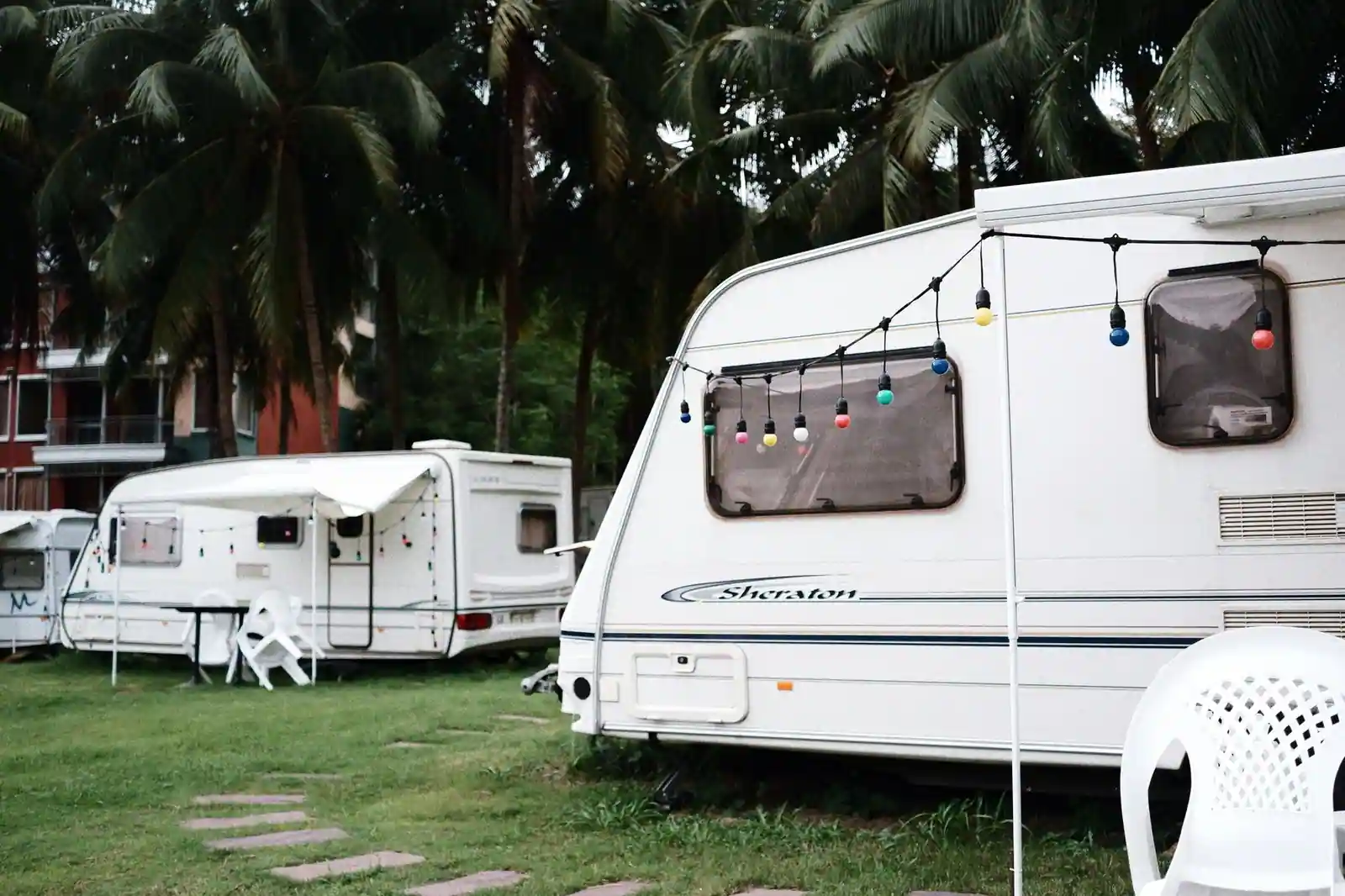Caravanes installées sur les emplacements herbeux d'un camping ombragé par des palmiers