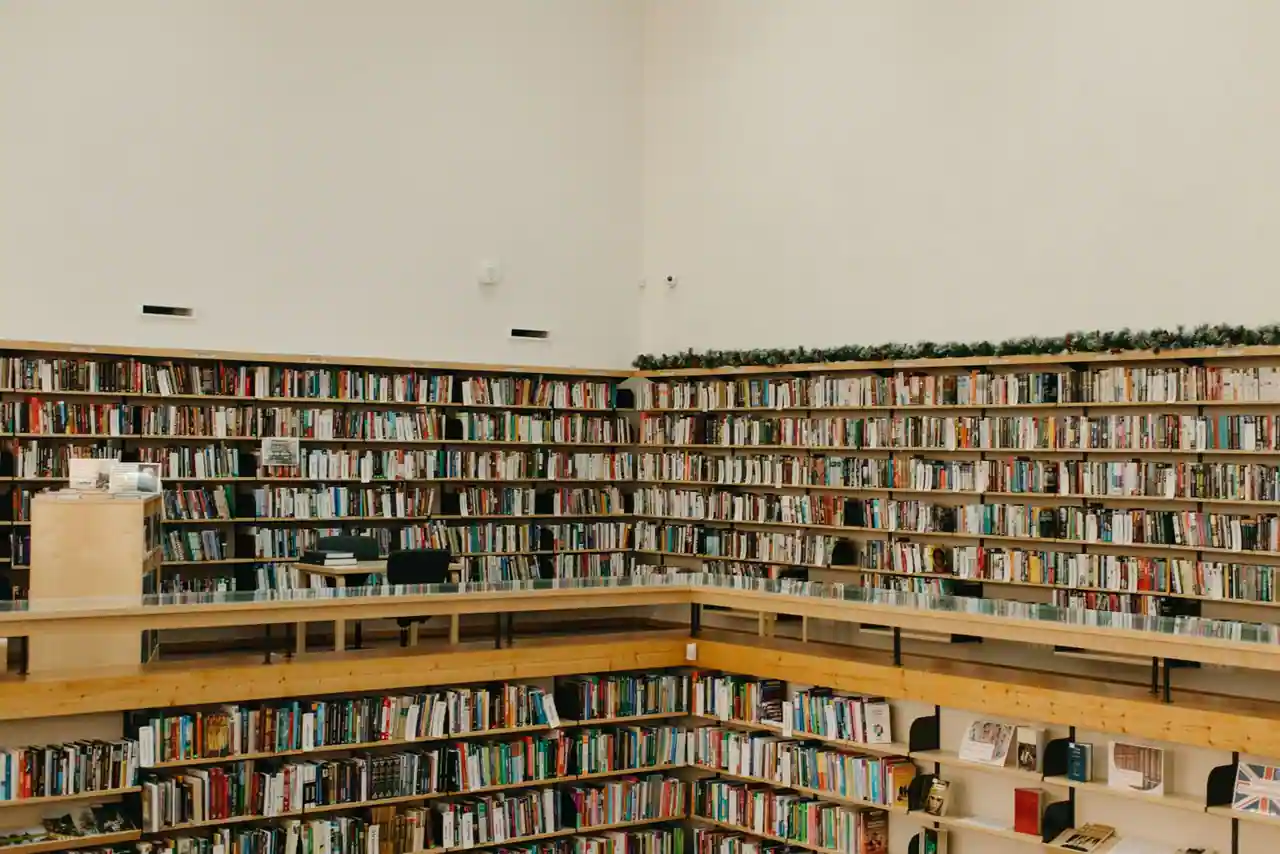 Longs rayonnages remplis de livres
