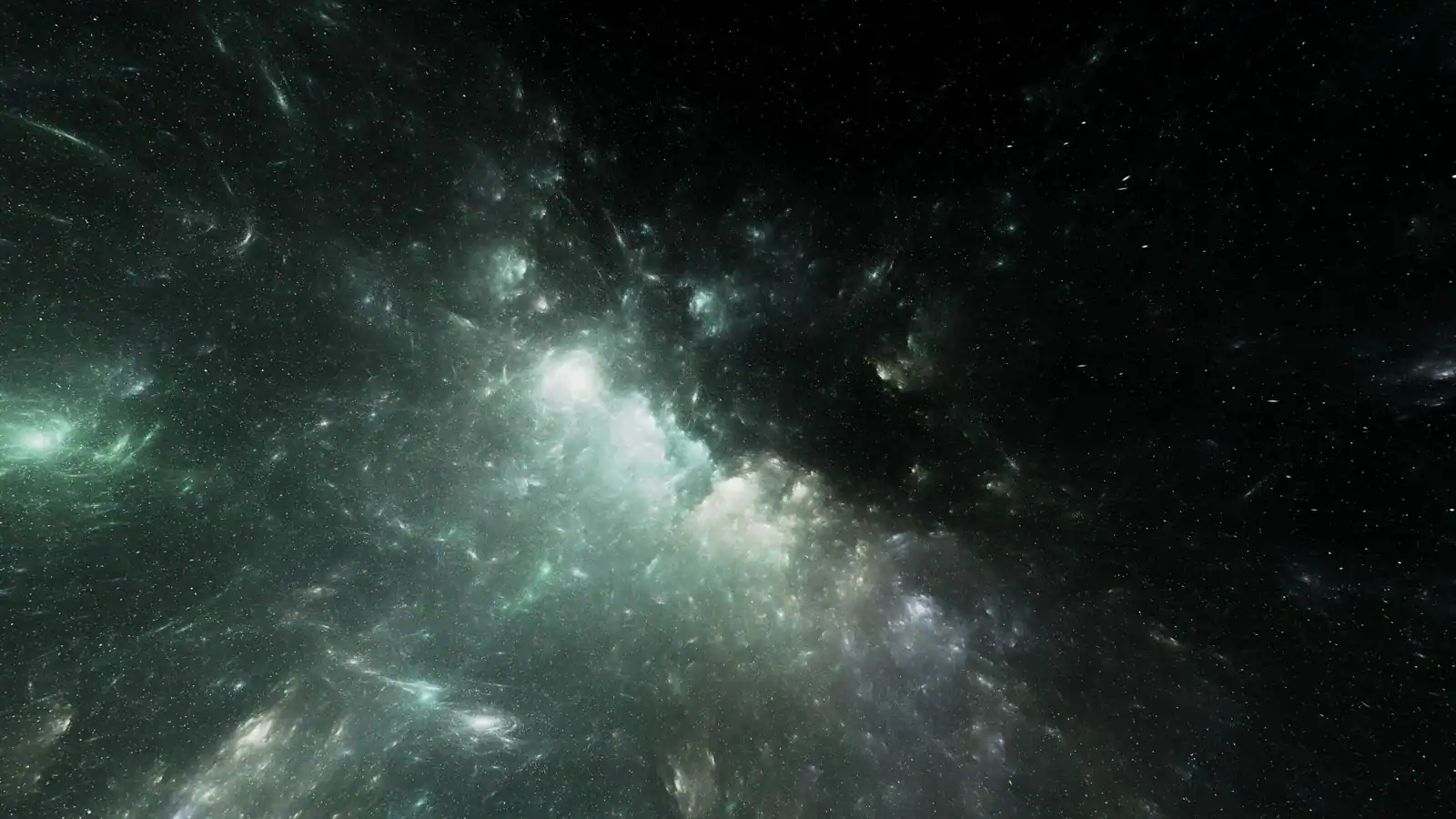 Champ d'étoiles et nébuleuse verdâtre dans l'espace profond, parsemé de galaxies lointaines