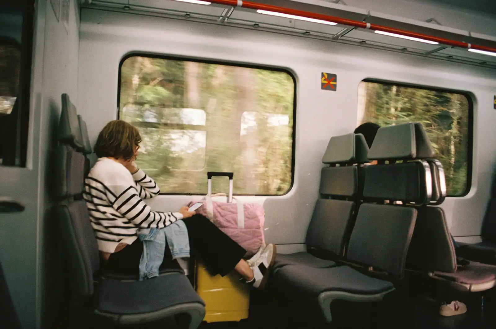 Voyageuse installée côté fenêtre dans une voiture de train, son sac et sa valise posés près d'elle.